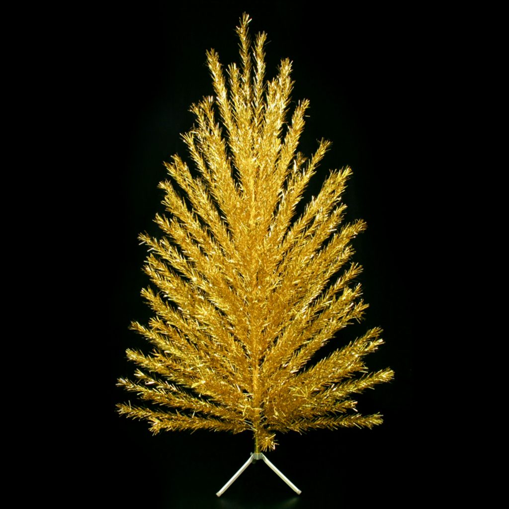 Evergleam aluminum Christmas tree, early to mid-1960s Eight-foot gold tree Typically, Evergleam owners used color projectors to splash light onto the silver branches of their trees, but in the 1960s, Aluminum Specialty began to produce a number of trees with colored branches of green, gold, and pink. WHS Museum #2005.169.1A-DW