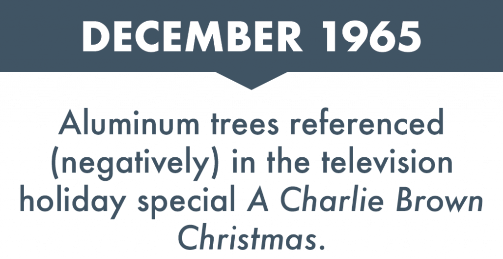 Aluminum trees referenced (negatively) in the television holiday special A Charlie Brown Christmas, 1965