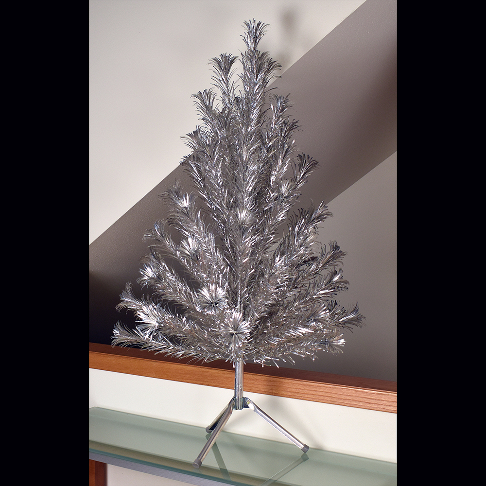 Four-foot silver Frosty, Evergleam aluminum Christmas tree, early 1960s. (Private collection)
