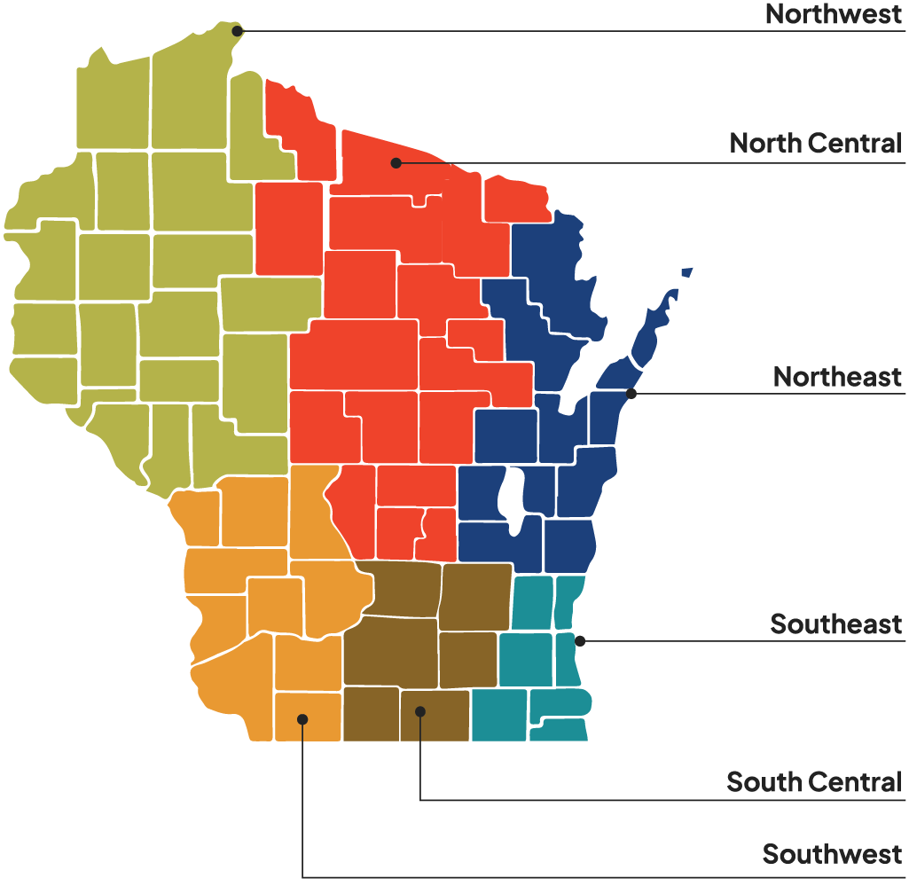 Map of Wisconsin highlighting the regions that the History Tour will reach.