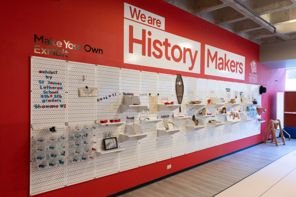 A "make your own exhibit" wall in the History Maker Space education room showcasing the work of 4th & 5th grade student from a recent field trip.